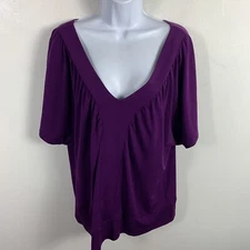 AB Studio Womens Top Sz L Purple Short Sleeve V Neck Relaxed Fit Blouse 