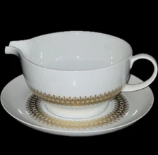 Vintage Thomas Rosenthal Germany Gravy Boat w/ Underplate White Gold Filigree