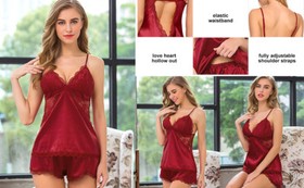 Women Sexy-Lingerie Sleepwear Satin Silk Babydoll Lace Nightwear Pajamas Set