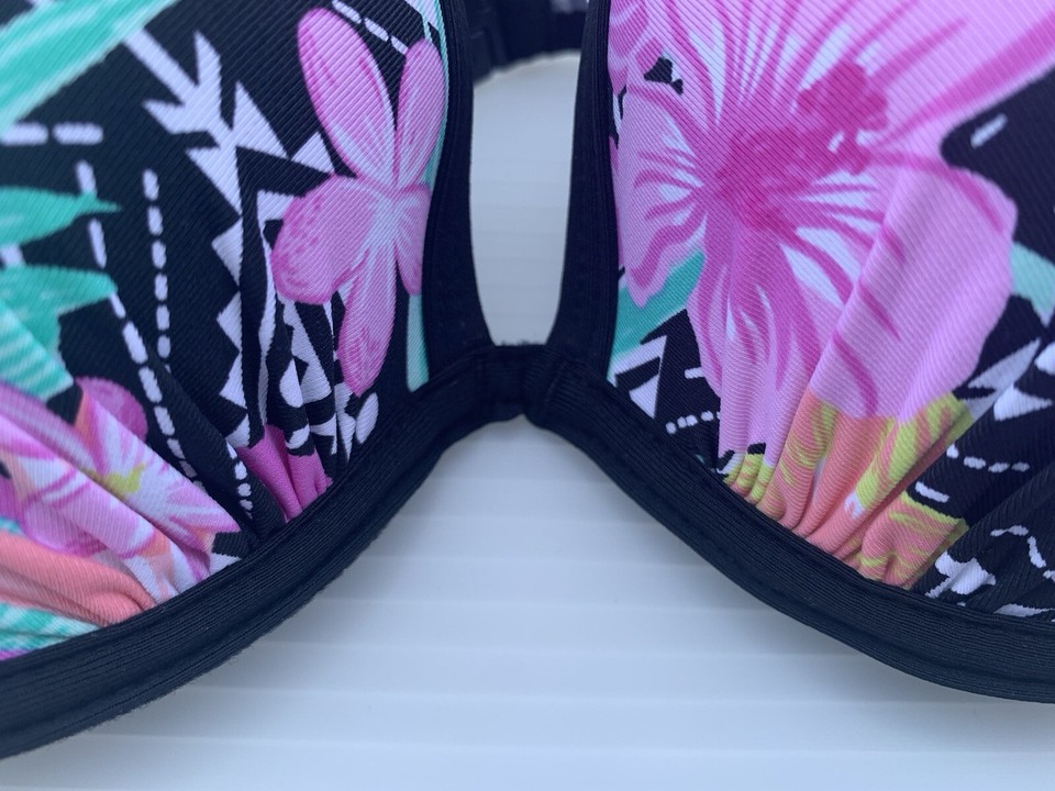 Lascana Bikini Top 34B Black Floral Add 2 Cups Push Up Halter Swim