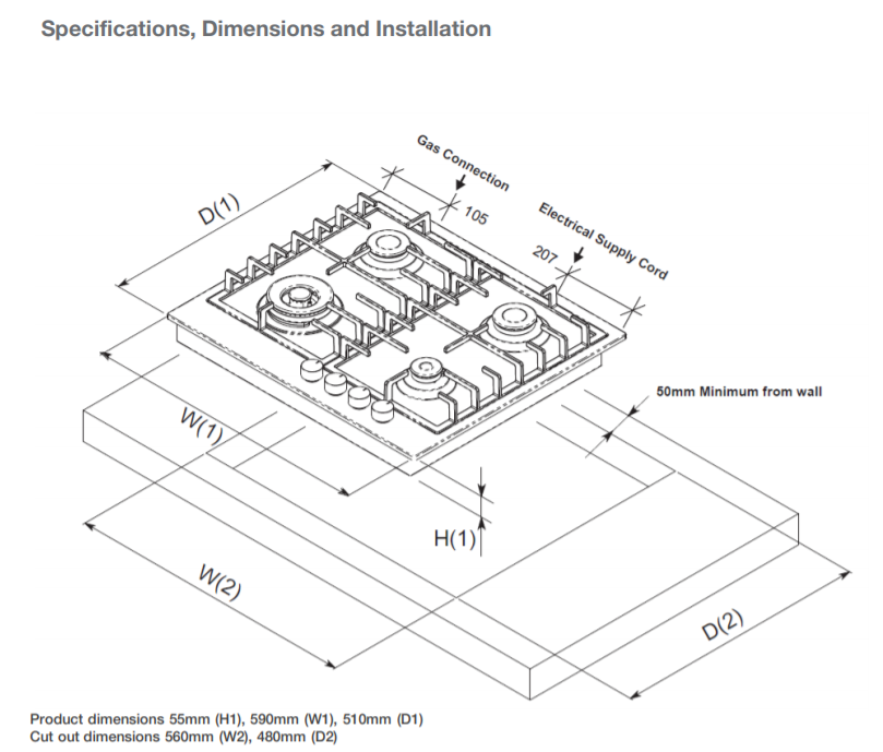 Belling 60cm Black Enamel Gas Cooktop NG/LPG Model BCT60GCBK RRP 1099.