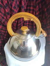 MCM WELL EQUIPPED KITCHEN Whistling Tea Kettle Stainless Steel Wood Handle 3 QT