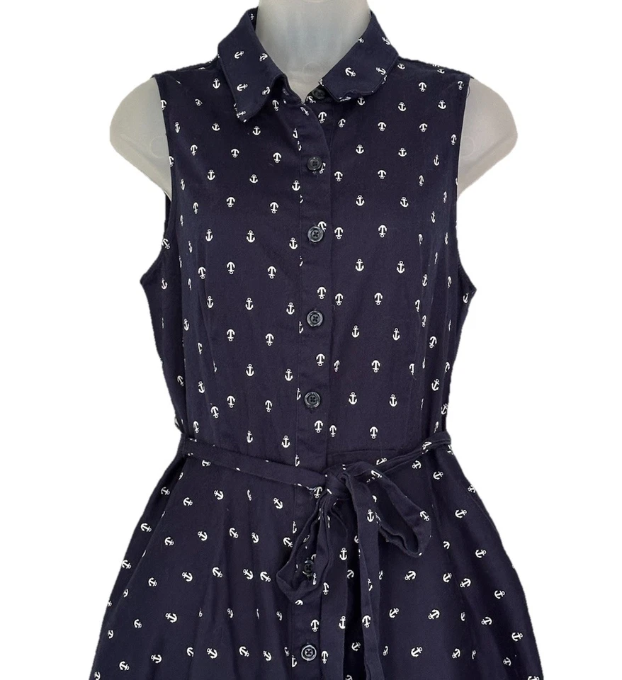 Chetta B Anchor Print Shirtdress Women Size 10 Button Front Midi Blue Coastal - Image 2 of 4