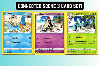 Mudkip Sandygast Araquanid Connected Scene 3 Card Pokemon Set, Kiyotaka Oshiyama