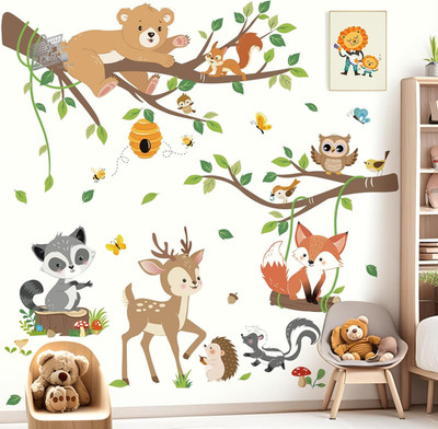 Wandtattoo Tiere Wald Baum Bär Hirsch Fuchs Wanddeko Schlafzimmer