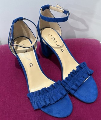 Unisa Women s Blue Suede Ankle Strap Frilly Detail 3'' Block Heels US Size 8