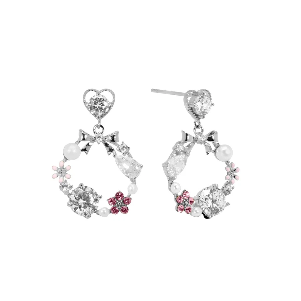 orecchini pendente argento 925 anallergico zirconi rosa fiore cuore perle - Immagine 3 di 4