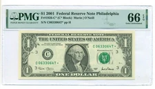 2001 FRB Philadelphia $1 Star / Replacement Bank Note Gem Unc 66 EPQ PMG