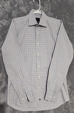 David Donahue Men Medium Blue Plaid Button Up long Sleeve Casual Dress Shirt
