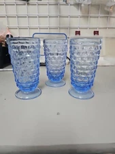 Vintage Indiana Glass Whitehall Cubist Set of 3 Blue Iced Tea Tumblers 6" footed