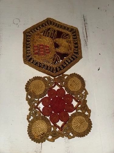 Set of 2 Vintage Raffia Trivets Straw Woven Boho Multicolor Decor 70’s MCM Art video thumbnail