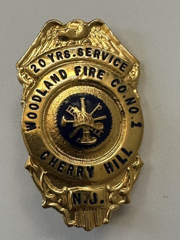 Antique 20 YRS SERVICE Woodland Cherry Hill Fire Co NJ Firemen Badge Obsolete