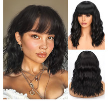 Black Wavy Wig with Bangs Women s Short Black Bob, Synthetic Natural Lookin NEW