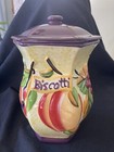 Biscotti Fruit Ceramic Cookie Canister Jar Hand Painted NONNI'S Purple Colorful — photo 1