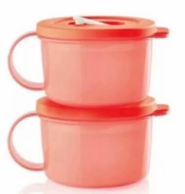 set Tupperware Crystalwave Soup Mug 2 C Coral pink w/White microwave dishwasher