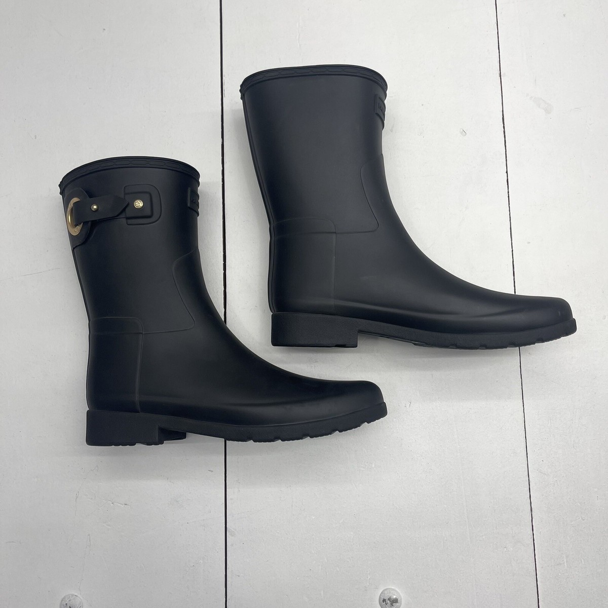 Hunter Black Refined Short Eyelet Buckle Mid Calf Rubber