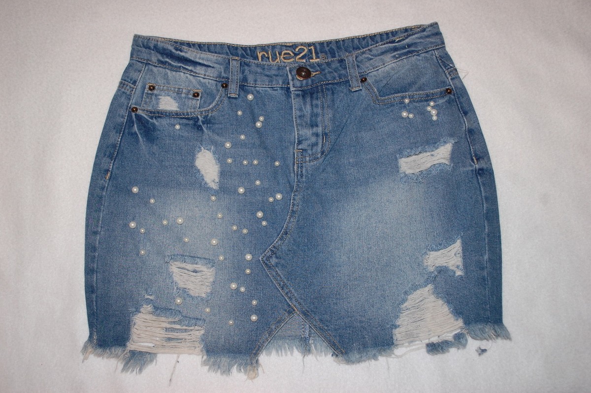Womens LT BLUE JEAN DENIM SKIRT Distressed RUE 21 Ripped PEARL