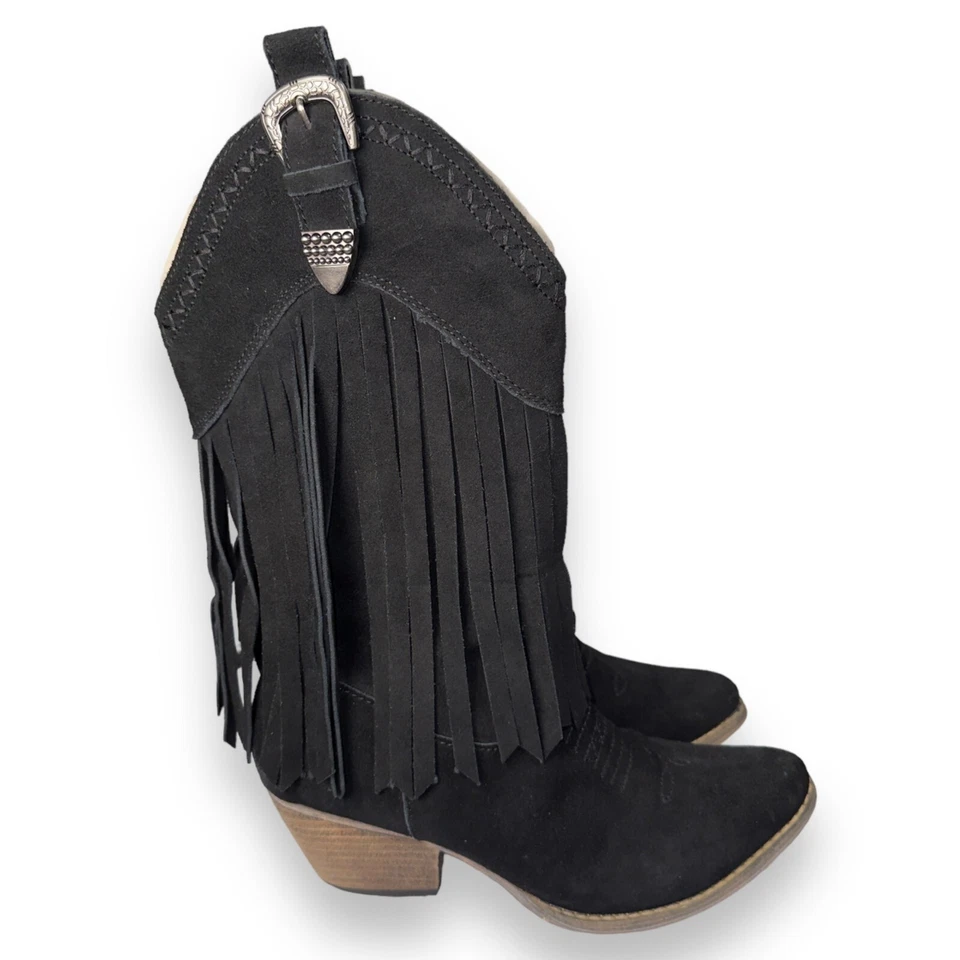 Botas vaqueras occidentales con flecos en la ladera muy volátiles gamuza negra para mujer 7,5 Foto 3 de 4