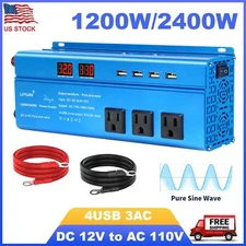 1200W 2400W Pure Sine Wave Power Inverter DC 12V to AC 110V Converter 4USB 3AC