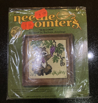 Vintage Needle Pointers Raccoon & Tree Needlepoint Kit, Wool Yarn, Cotton Canvas