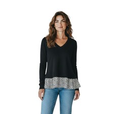 LOFT Black Mixed Media V-Neck Sweater XS Polka Dot Hem Layered Look Top XSmall