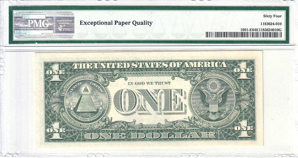 1963-A $1 FRN PMG Choice Unc 64EPQ Fancy TRUE 0/1 BINARY Serial #E00001011F - Image 2 of 2