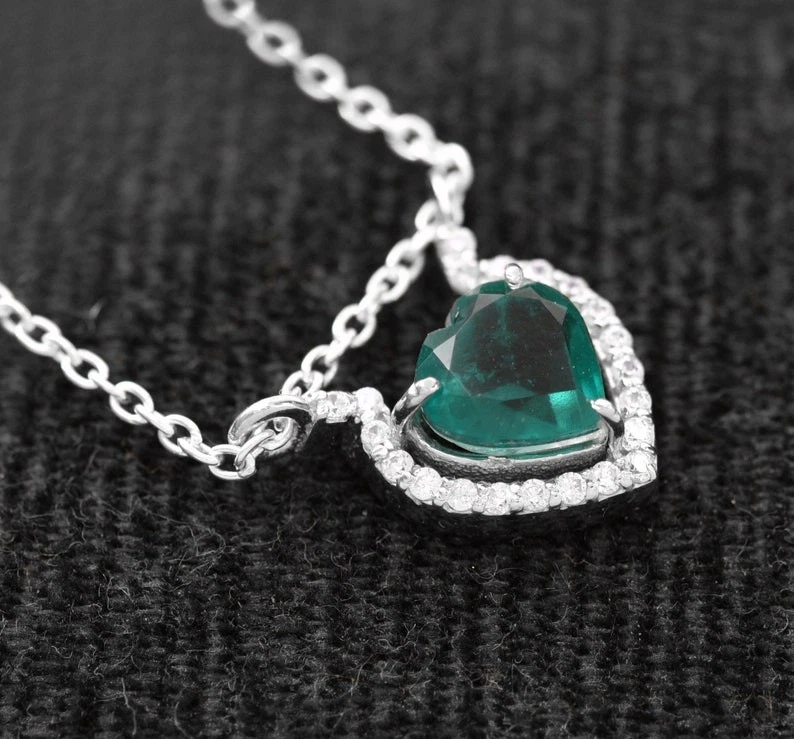 Gold Lab Grown Emerald Heart Necklace: Diamond Halo Pendant Wedding Gift Her - Image 3 of 3