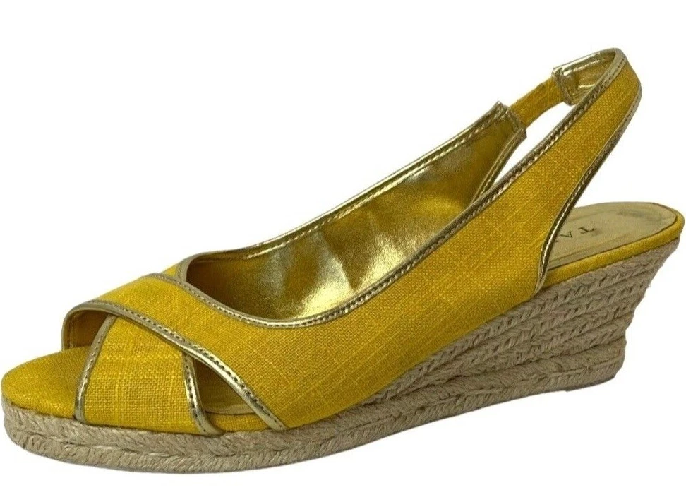 Talbots Shoes Women 9.5 Yellow Canvas Lexa Peep Toe Sling Back Espadrille Wedge