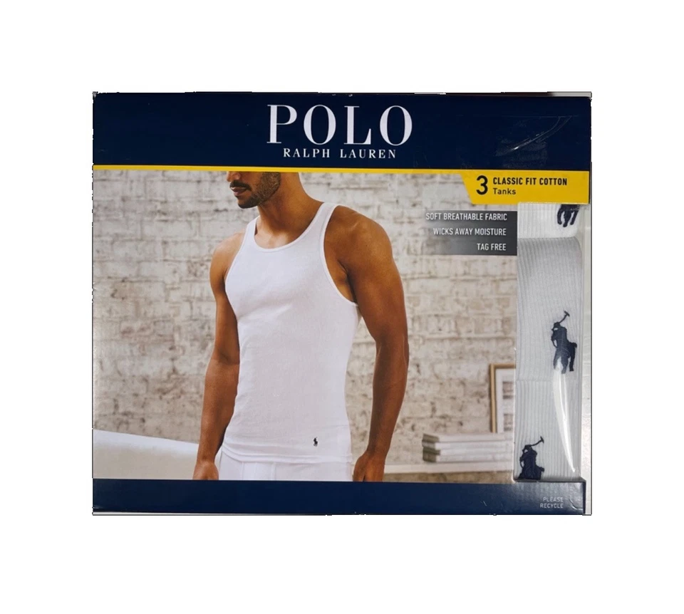 Polo Ralph Lauren nuevo con etiquetas. Pack de 3. Camiseta sin mangas de algodón de ajuste clásico. Blanco. Precio de venta sugerido por el fabricante 49,50 USD Foto 2 de 4