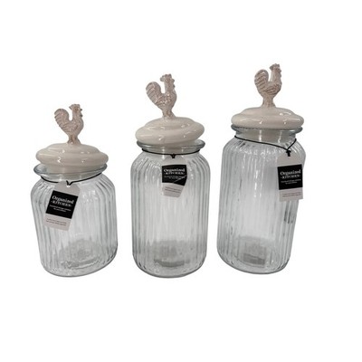 Amici Home Glass Canister Set 3pc Rooster Ceramic Lid Farmhouse Ribbed Jars