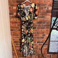 Zara womens floral ruffle high low wrap dress black S