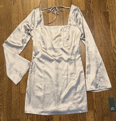 Wild Fable Women's Size XS Bell Long Sleeve Satin Mini Bodycon Dress Silver