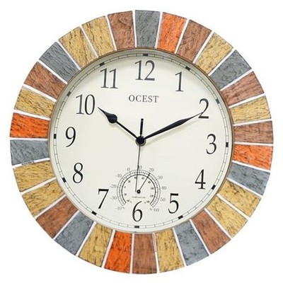  13 Inch Indoor Outdoor Clock Waterproof with Thermometer, Weather Yellow
