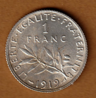 PIECE DE 1 FRANC SEMEUSE ARGENT 1919 SUP