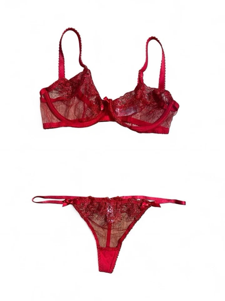 Agent Provocateur Red Sheer Lace Bra & Thong Set | Luxury Lingerie - Image 2 of 4