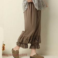 Women Cotton Bloomers Pants Trousers Layered Lace Trim Loose Princess Casual