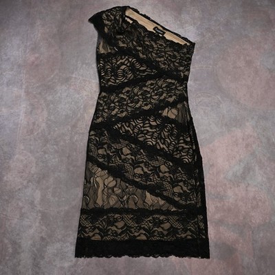Y2K BEBE Dress Womens Small Lace Soft Goth Dark Romance Body Con One Shoulder