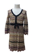 M Missoni Black Green Purple Chevron Knit Dress 44 US 6 Bell Sleeve Wool Lurex