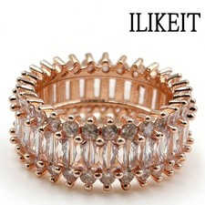 Stunning Three Row Crystal Wedding Ring Gold Plated Anniversary Promise Band