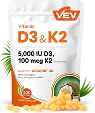 VEV Vitamin D3 K2 5000 IU D3 100mcg K2 MK 7 300 Softgels 2-in-1 Vitamin D & K...