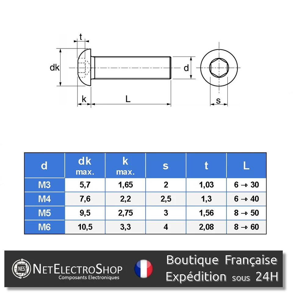 Vis Tête Bombée BHC,Inox A2, 6 pans Hexagonale, M3 M4 M5 M6, 6 à 60mm - Photo 2/2