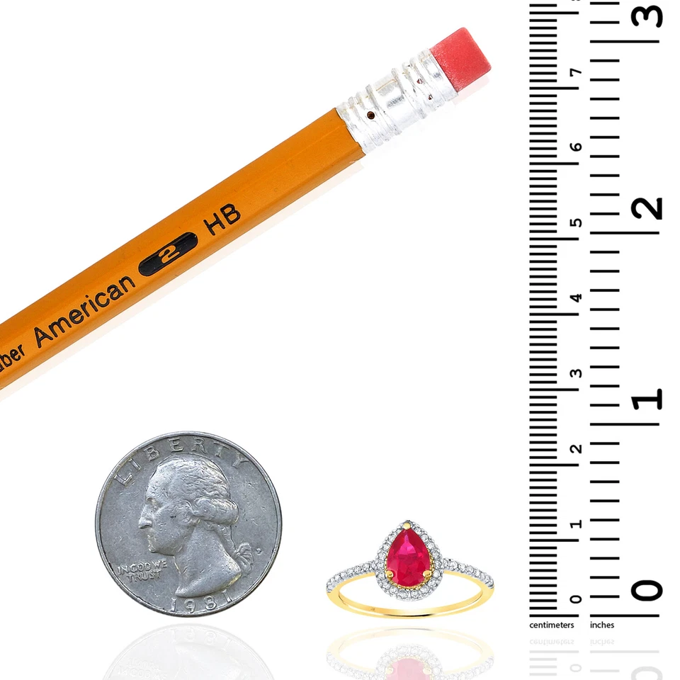 1CT Lab-Grown Pear Red Ruby & 0.15CTW Natural Diamond 10K Yellow Gold Halo Ring - Image 2 of 3