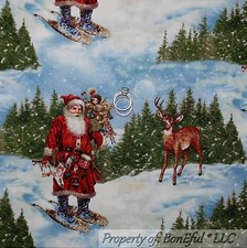 BonEful Fabric FQ Cotton Quilt White Scenic Santa Claus Reindeer Deer Xmas Tree
