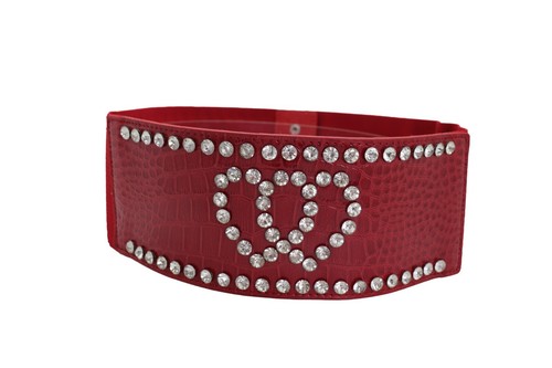 Women Red Elastic Wide Belt Hip High Waist Silver Heart Love Friendship Size S M - Picture 11 of 23