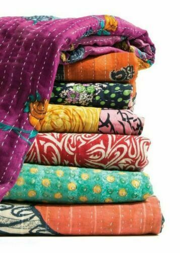 Vintage Kantha Quilt Reversible Bedspread Twin Cotton Coverlet Lot 5 Pcs - Picture 2 of 6