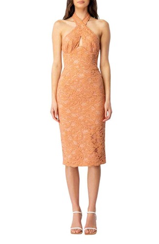 Bardot RUST Women's Riviera Crossover Halter Neck Lace Corset Dress, US 8
