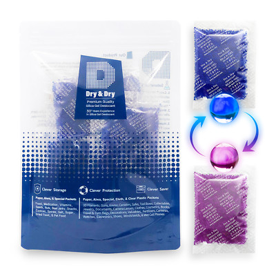 [100 Pk]20 Gram'' Dry & Dry'' Premium Blue Indicating Silica Gel Packet - Reusable