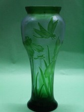 CAMEO GLASS ART STYLE VASE WITH DRAGONFLY  AND FLOWER SIGNED GALLE