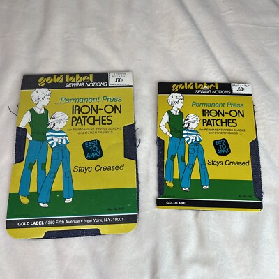 Vintage Gold Label Sewing Notions Permanent Press Iron-On Patches Dark Denim NWT