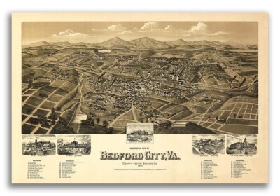 1891 Bedford VA Vintage Old Panoramic City Map - 16x24